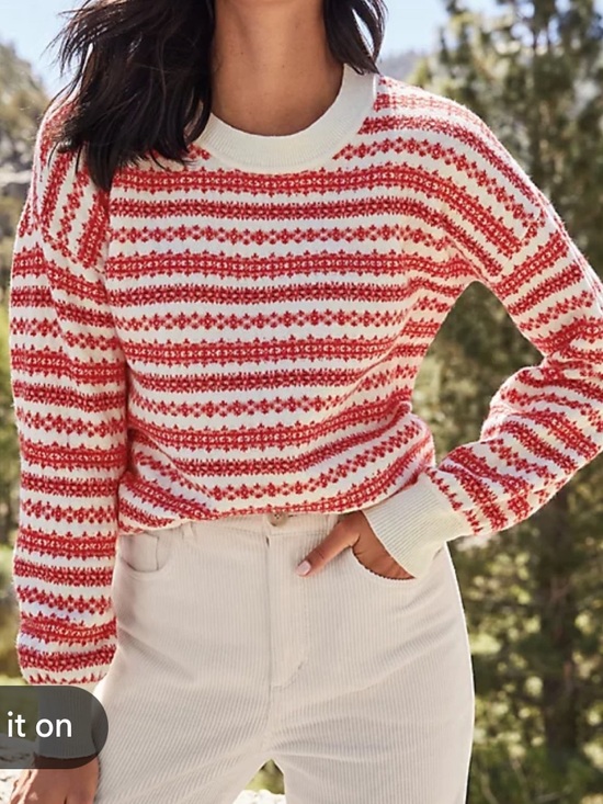 LOFT Sweaters - LOFT Fair Isle Red & White Striped Everyday Crewneck Sweater Sz L